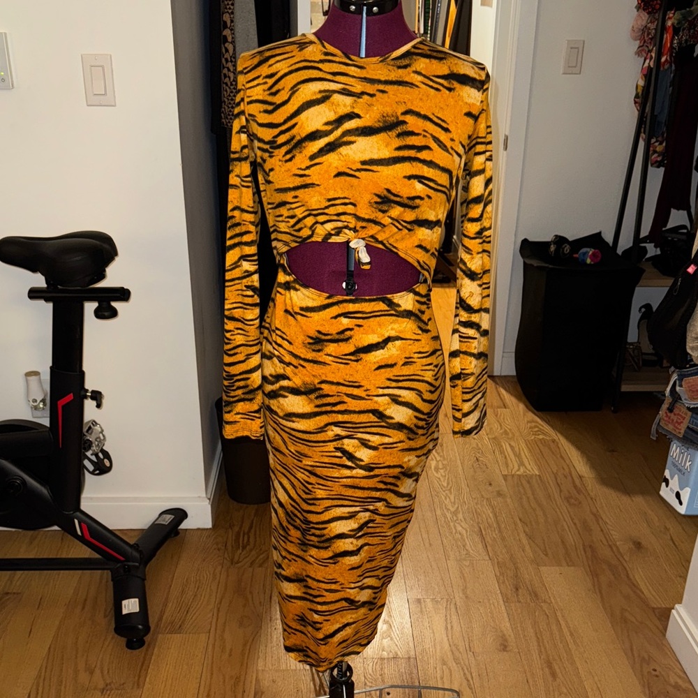 Fashion Nova Tiger Print Midi Dress - Orange and Black